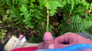 Genieten van een plasje in het bos. Micro lul buiten de natuur POV
