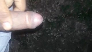 BBC pissing outdoors, stroking at end