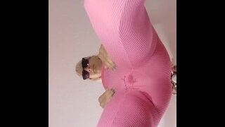 Blonde Pisses in Pink Leggings and splashes Her Phone