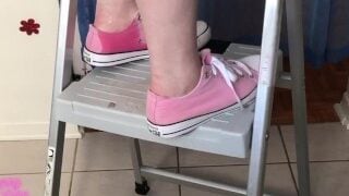 Casual Pee while Cleaning the Kitchen Ceiling on a Stepladder in a Skirt and Sneakers