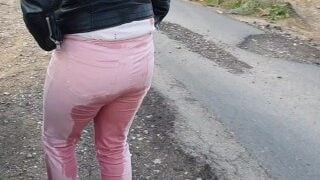 Desperate Blonde Girl Wets Her Pink Jeans Outdoors!