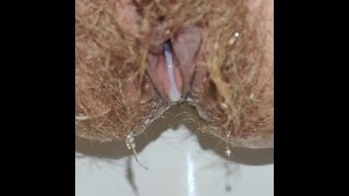 Hairy Pussy Pissing In The Office Toilet After Quick Sex With Creampie