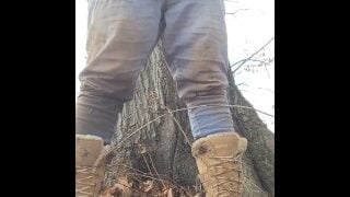 Hot Tree Planter Covered In Mud Takes A Hot Piss In The Woods