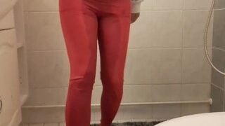 I pee in my red yoga pants and white socks