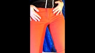 Long Held It And Peed In Pants – Pissing Standing Up In Orange Jeans