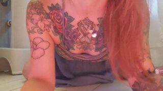 My Boner. Petite Tattooed Blonde Goes Pee And Finds And Rides Massive Dildo.
