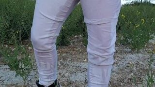 Oops, I Soaked My Tight Little White Jeans! Watch Me Totally Flood Them Outdoors ;