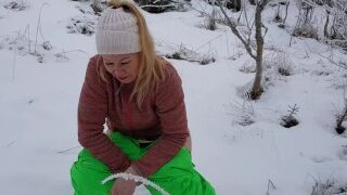 Popping out to pee in the snow when filming porn at the hunting lodge