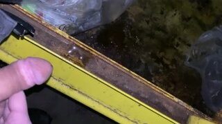 Taking a long desperate piss in a public dumpster moaning pleasure