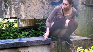 Desperate Brunette Needs To Piss Twice On A Walk