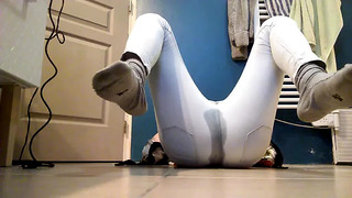 Emma pissing on all fours in her tight white pants