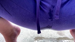 Holding Pee while Sweeping – Girl Wetting Pants on Balcony – Pee desperation wet sweatpants