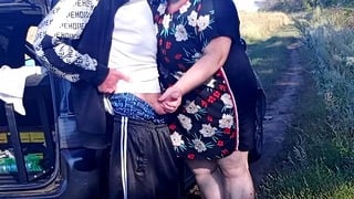 Stepmom holds my dick while I pee and then sucks it in public