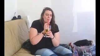 Layla drinks full glass of piss using a straw